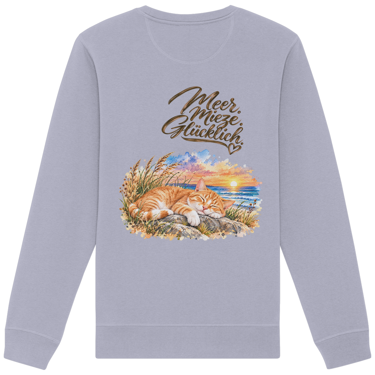 Unisex Bio-Sweatshirt in Serene Blue mit „Meer. Mieze. Glücklich.“ als Backprint – Rückansicht im Original-Mockup.