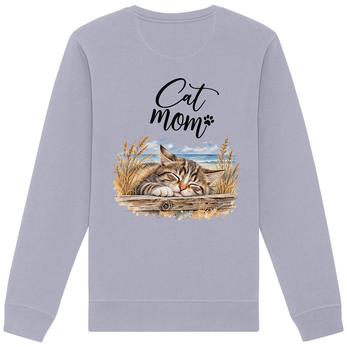 Cat Mom Unisex Bio-Sweatshirt in Serene Blue – Original-Rückansicht mit schlafender Katze, Meer und Cat-Mom-Schriftzug als Rückenprint.