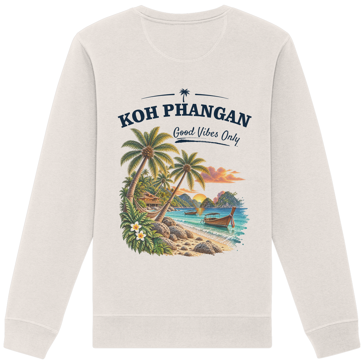 Bio Unisex Sweatshirt – Backprint in vintage white als Original-Mockup mit Koh Phangan Good Vibes Only Backprint