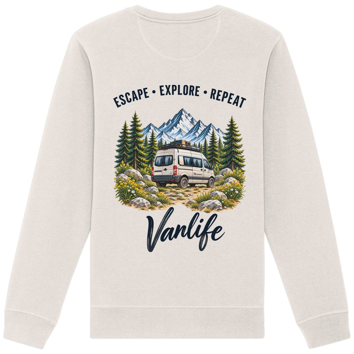 Bio Unisex Sweatshirt in Vintage White als Produkt-Mockup mit Escape Explore Repeat Motiv als Backprint