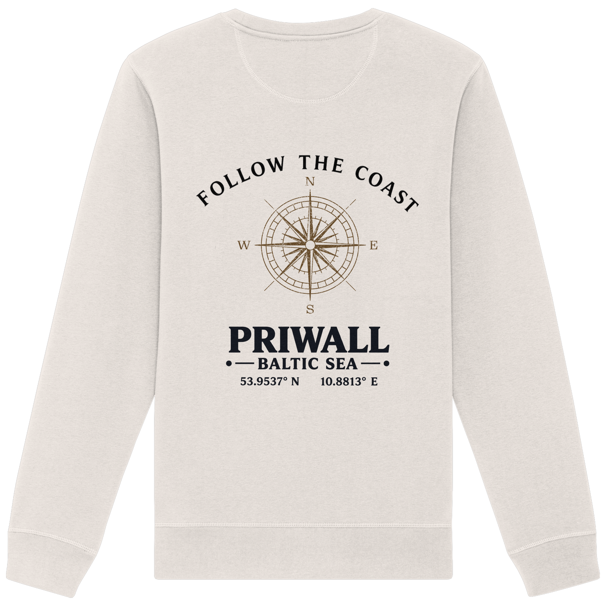 Rückansicht des Bio Unisex Sweatshirt in Vintage White mit hellem Priwall Follow the Coast Backprint