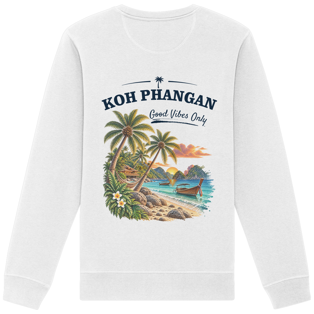 Bio Unisex Sweatshirt – Backprint in white als Original-Mockup mit Koh Phangan Good Vibes Only Backprint