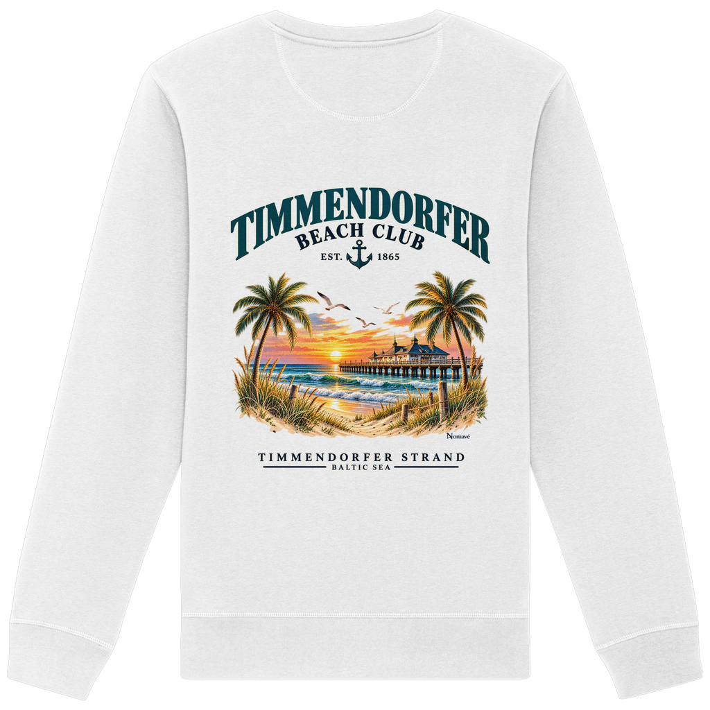 Original-Produktmockup: Unisex-Bio-Sweatshirt in White, Rückansicht mit Timmendorfer-Beach-Club-Motiv und dem Schriftzug Timmendorfer Strand – Baltic Sea.