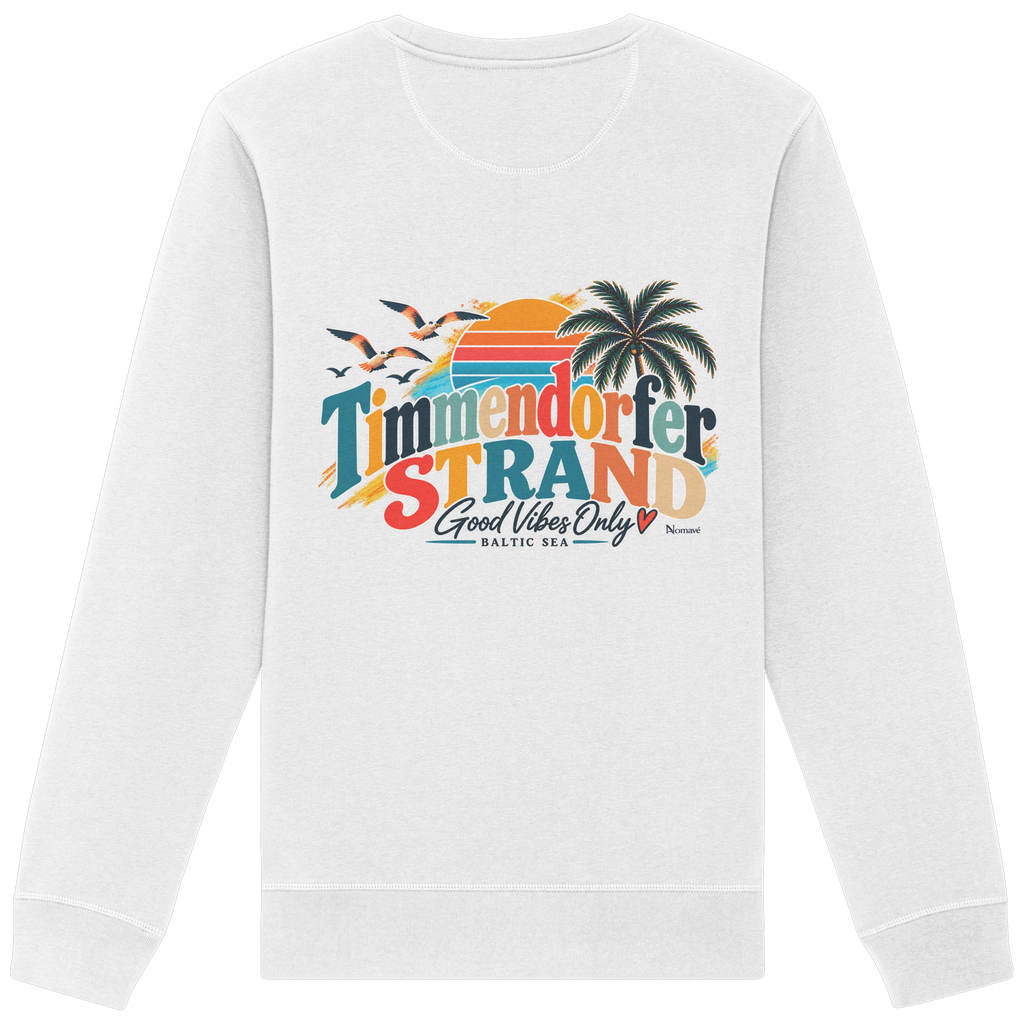 Timmendorfer Strand – Good Vibes Only – Unisex Sweatshirt mit Rückenprint – White; originales Katalogmockup der Rückansicht mit Rückenprint.