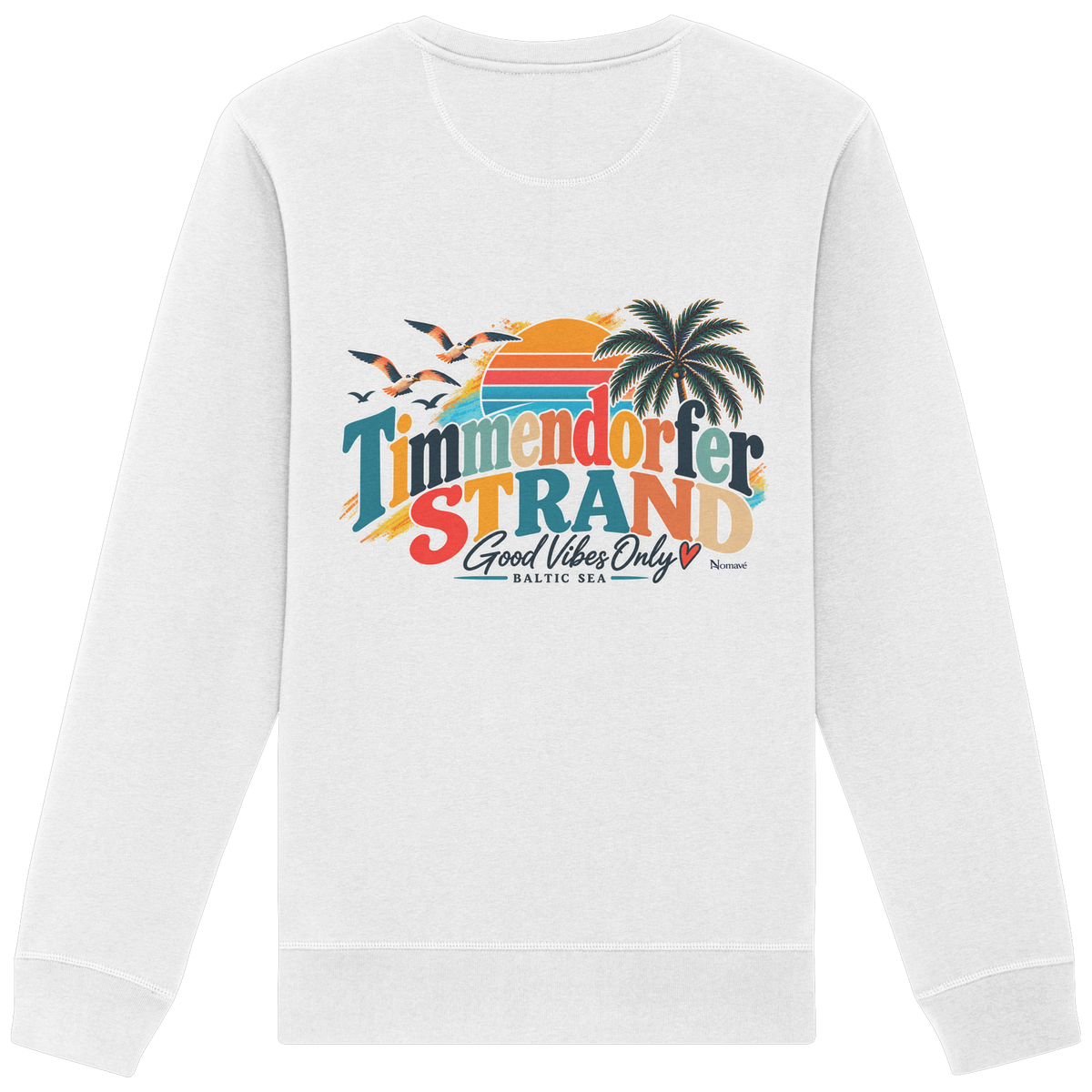 Timmendorfer Strand – Good Vibes Only – Unisex Sweatshirt mit Rückenprint – White; originales Katalogmockup der Rückansicht mit Rückenprint.