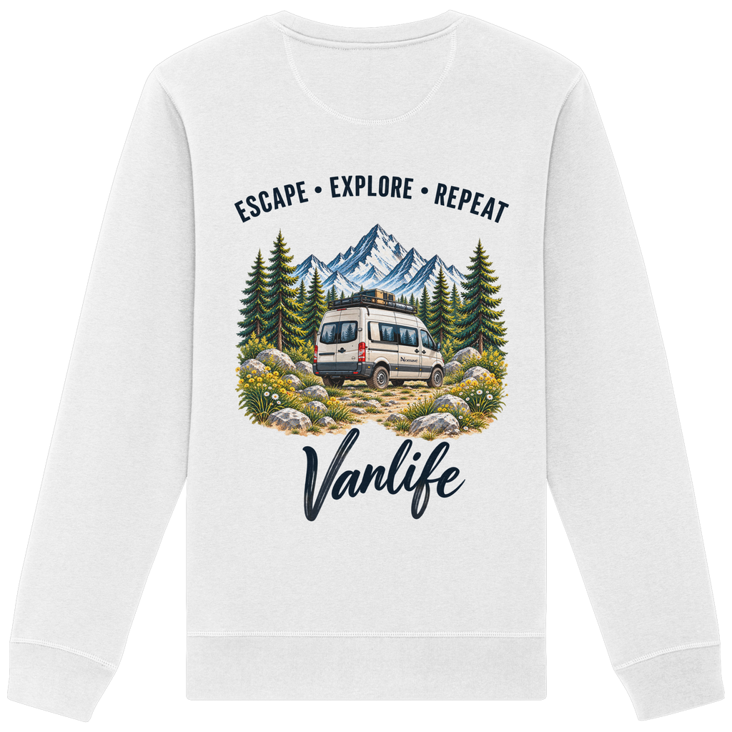 Bio Unisex Sweatshirt in White als Produkt-Mockup mit Escape Explore Repeat Motiv als Backprint