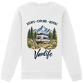 Bio Unisex Sweatshirt in White als Produkt-Mockup mit Escape Explore Repeat Motiv als Backprint