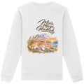 Unisex Bio-Sweatshirt in White mit „Meer. Mieze. Glücklich.“ als Backprint – Rückansicht im Original-Mockup.