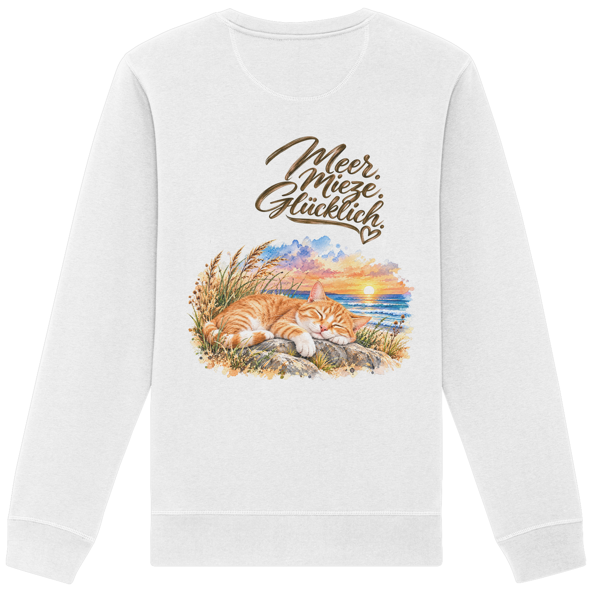 Unisex Bio-Sweatshirt in White mit „Meer. Mieze. Glücklich.“ als Backprint – Rückansicht im Original-Mockup.