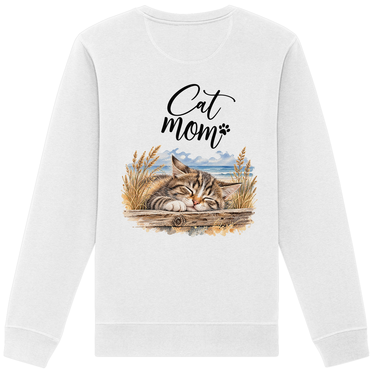 Cat Mom Unisex Bio-Sweatshirt in White – Original-Rückansicht mit schlafender Katze, Meer und Cat-Mom-Schriftzug als Rückenprint.