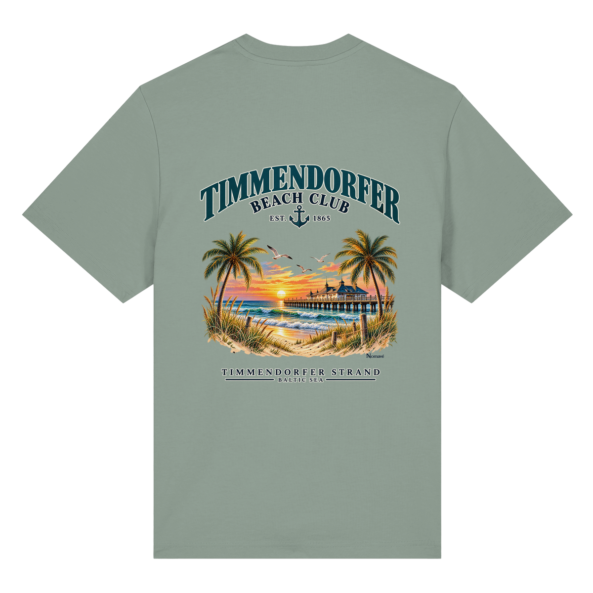 Original-/Katalogmockup: Unisex Bio-Heavy-T-Shirt in Aloe, Rückansicht mit Timmendorfer-Beach-Club-Rückendruck.