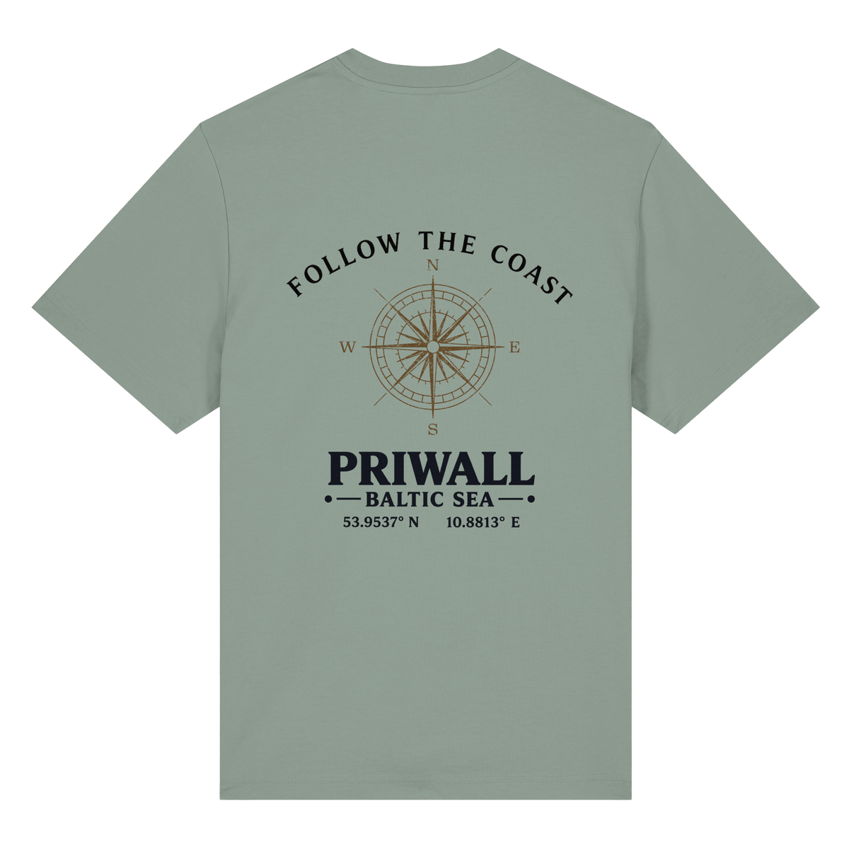 Rückansicht des Bio Heavy T-Shirt in Aloe mit hellem Priwall Follow the Coast Backprint