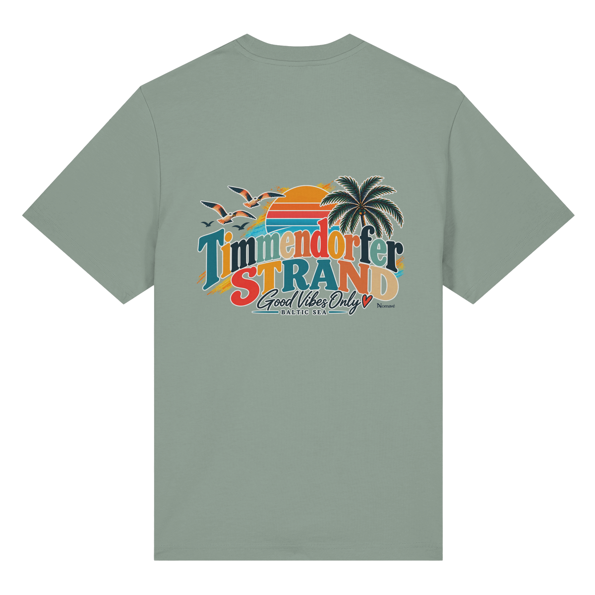 Bio-Heavy-T-Shirt in Aloe, Rückansicht mit Timmendorfer-Strand-Good-Vibes-Only-Rückenprint.
