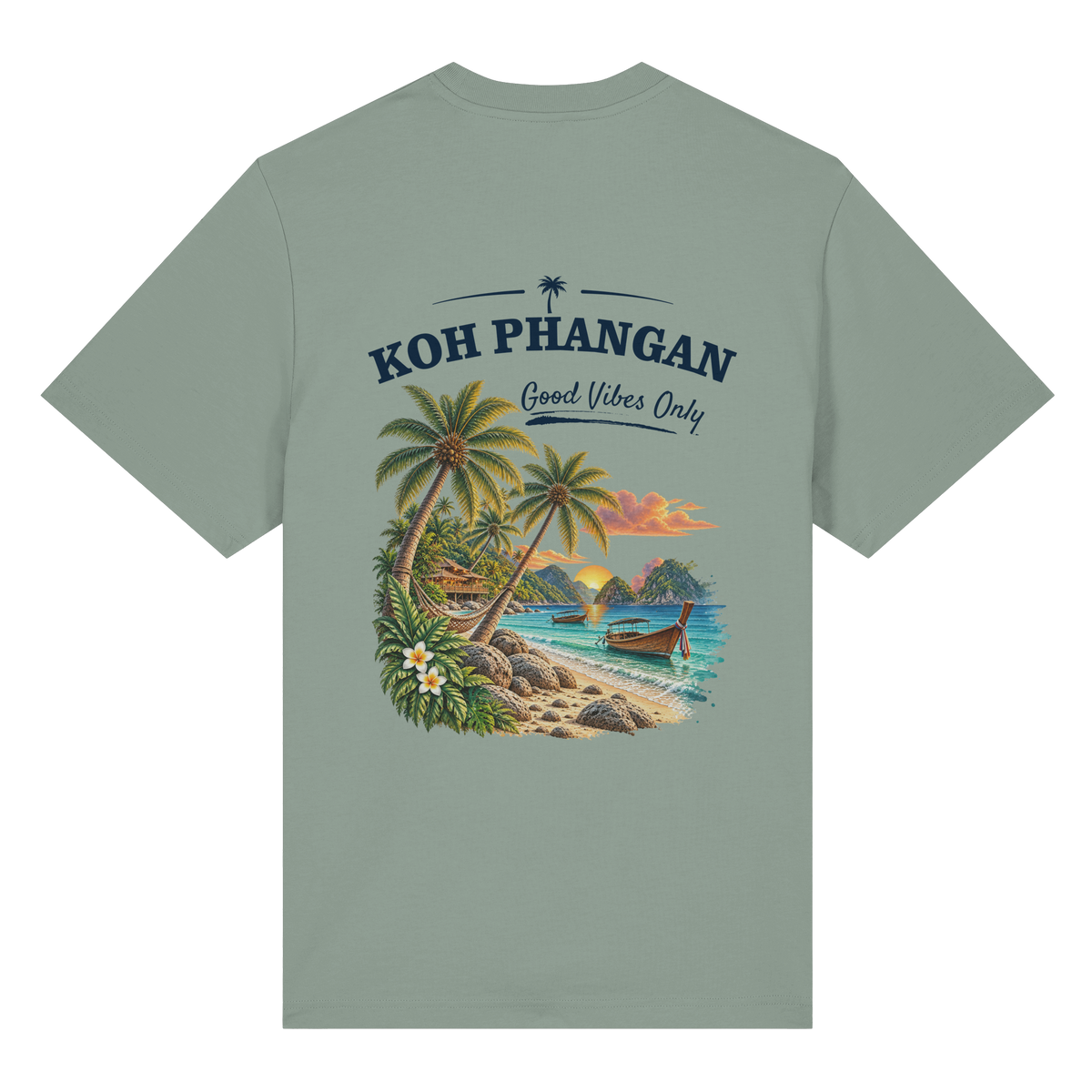 Koh Phangan Good Vibes Only – Bio Heavy T-Shirt – Backprint – Original-Mockup organic heavy shirt aloe mit Rückenmotiv