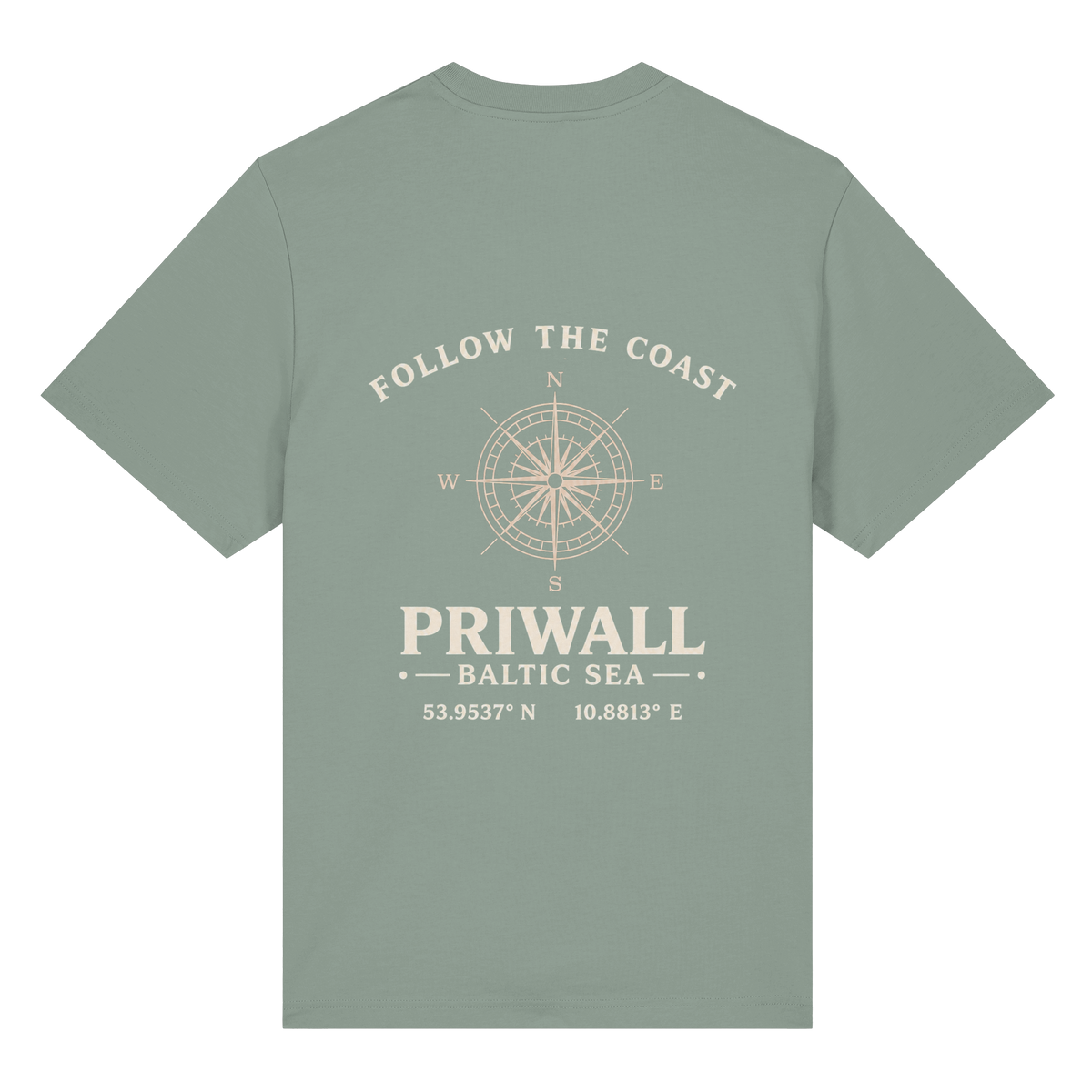 Rückansicht des Bio Heavy T-Shirt in Aloe mit dunklem Priwall Follow the Coast Backprint