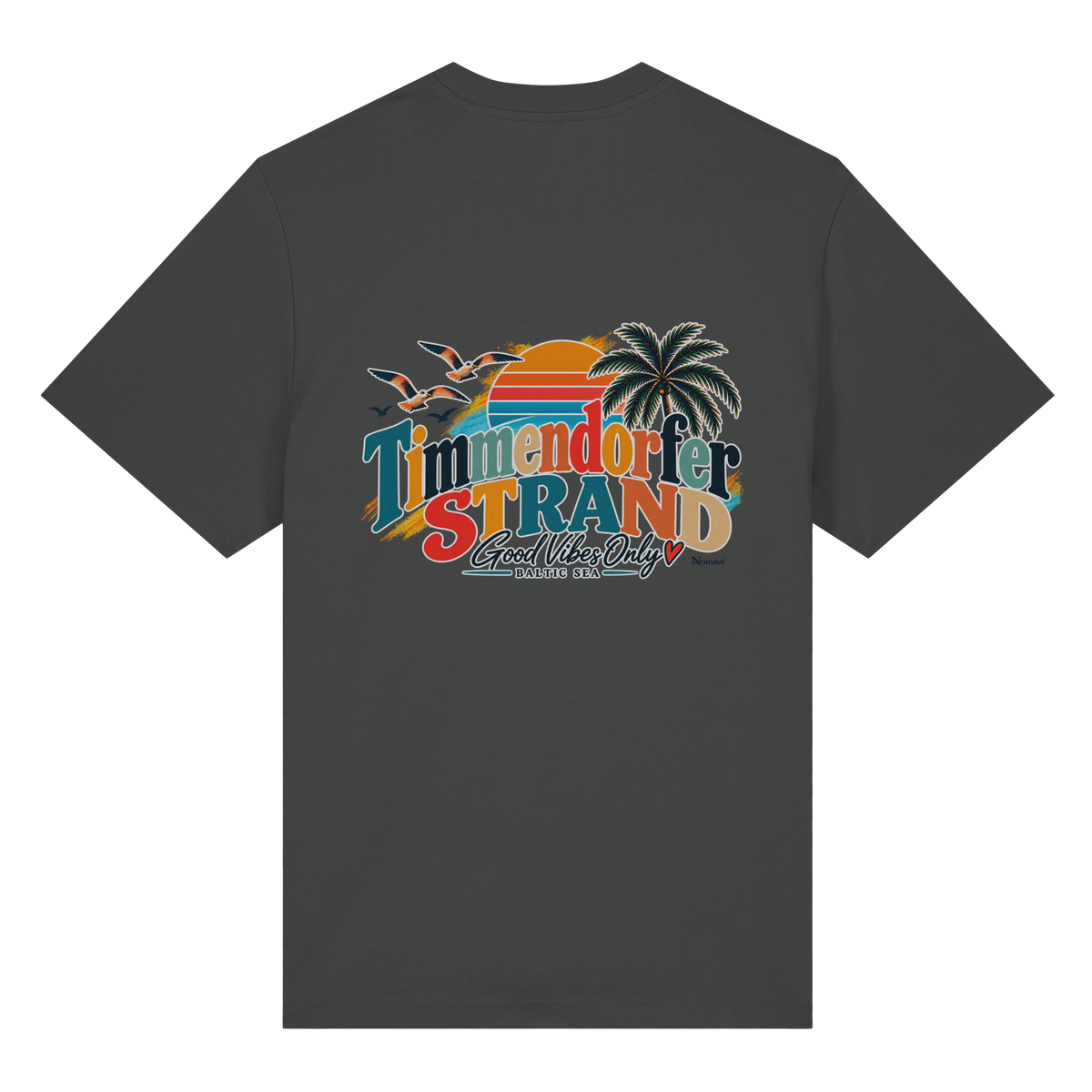 Bio-Heavy-T-Shirt in Anthracite, Rückansicht mit Timmendorfer-Strand-Good-Vibes-Only-Rückenprint.