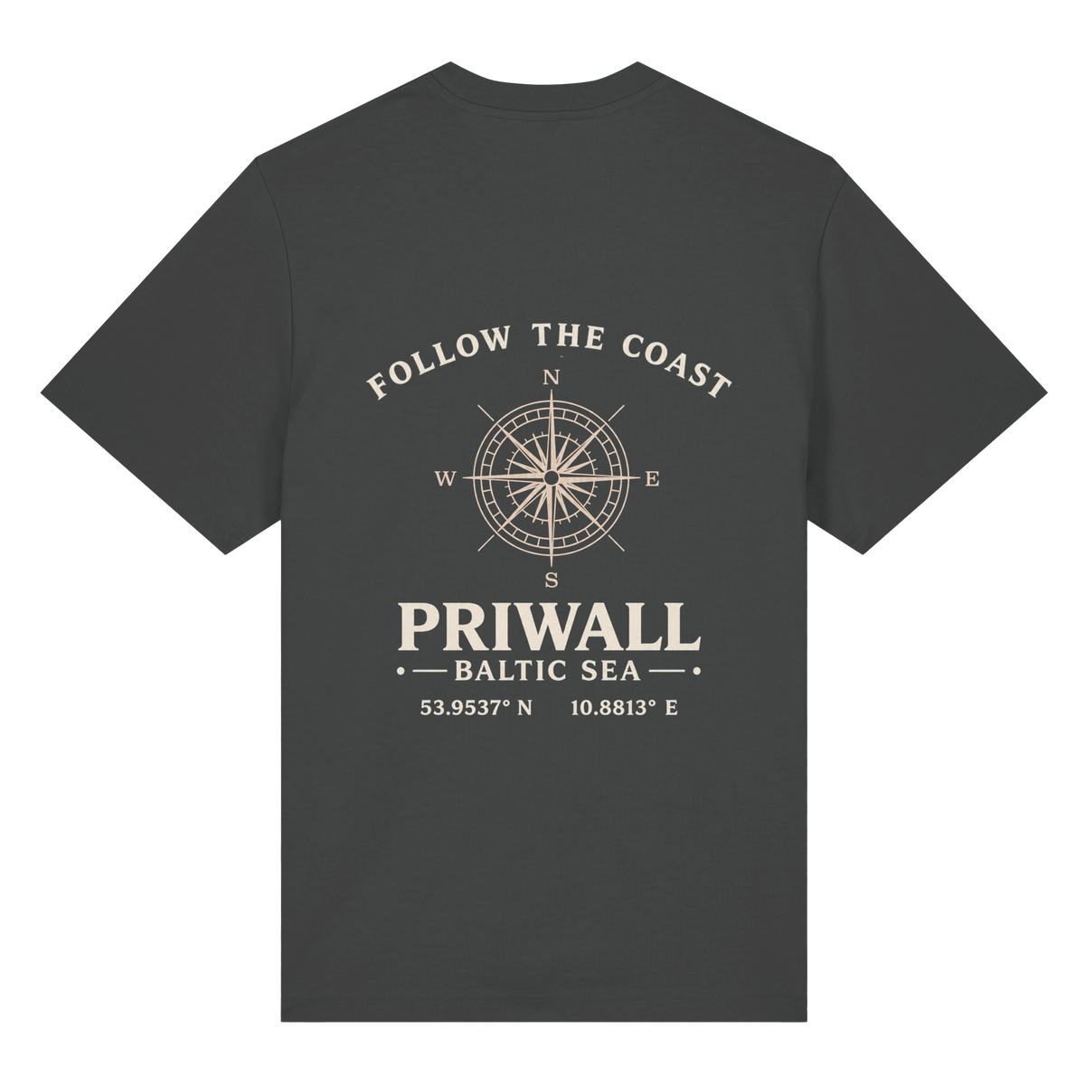 Rückansicht des Bio Heavy T-Shirt in Anthracite mit dunklem Priwall Follow the Coast Backprint