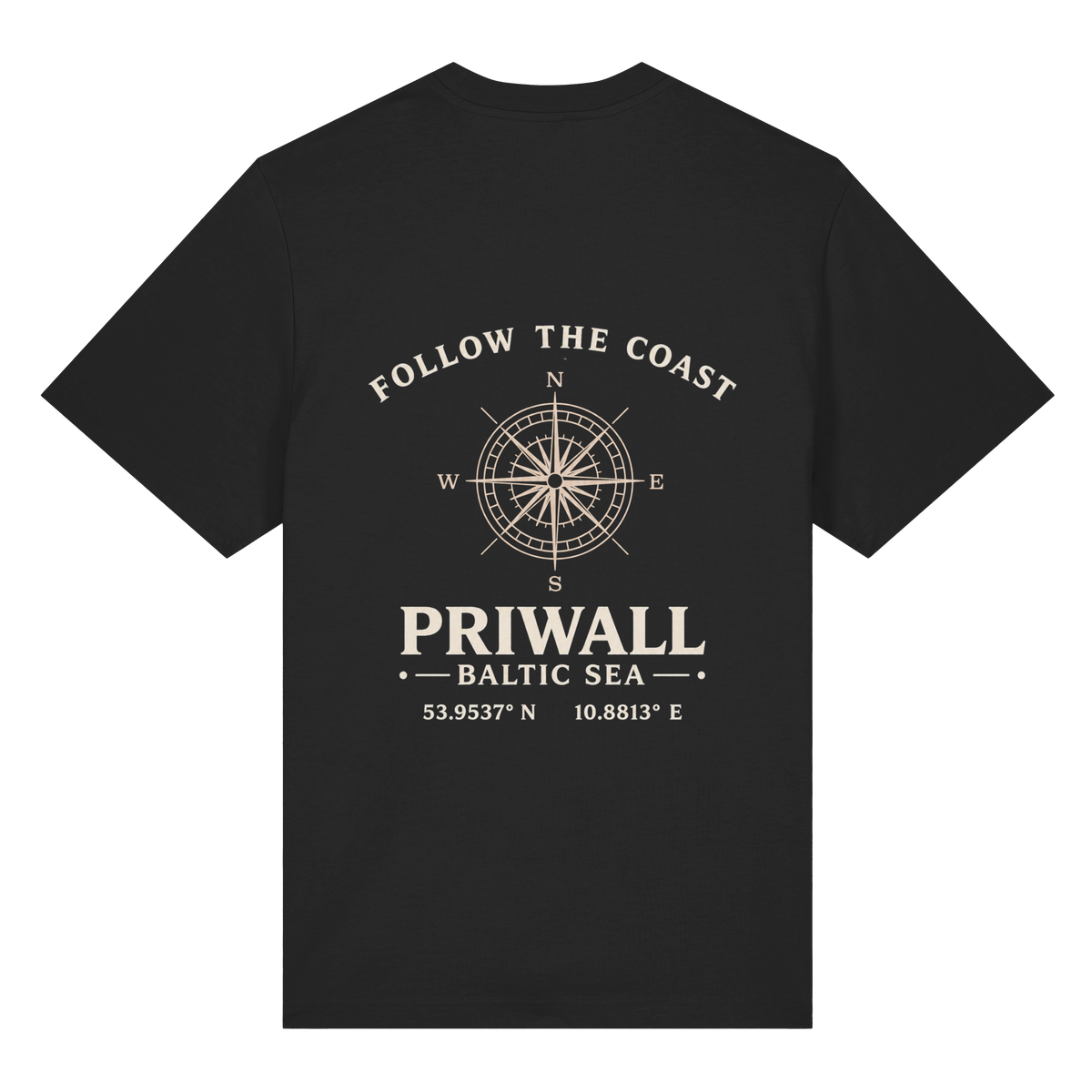 Rückansicht des Bio Heavy T-Shirt in Black mit dunklem Priwall Follow the Coast Backprint
