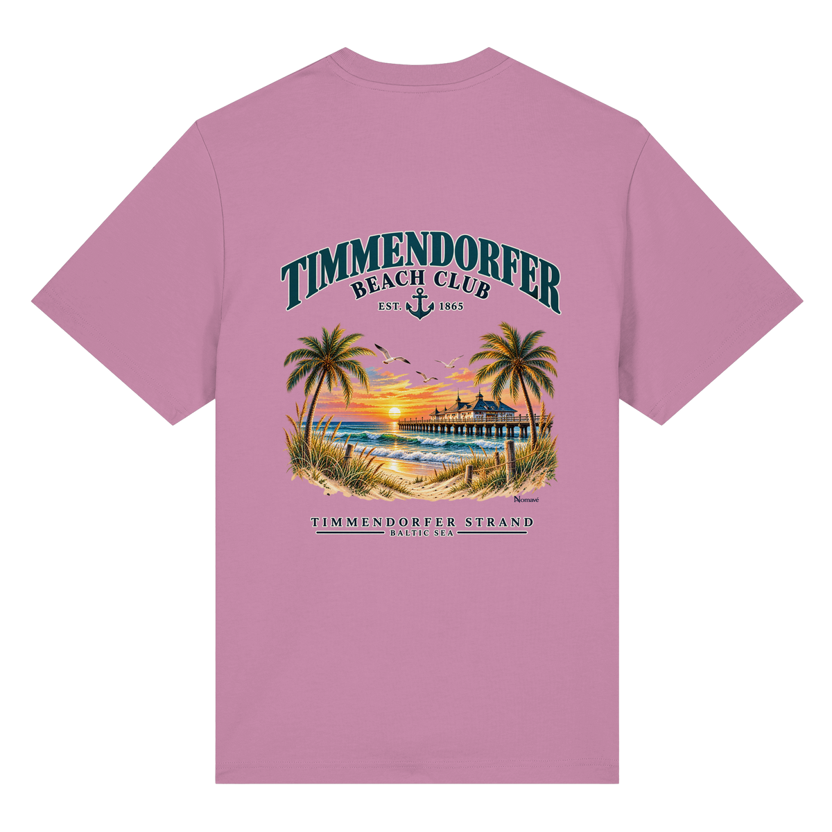 Original-/Katalogmockup: Unisex Bio-Heavy-T-Shirt in Bubble Pink, Rückansicht mit Timmendorfer-Beach-Club-Rückendruck.