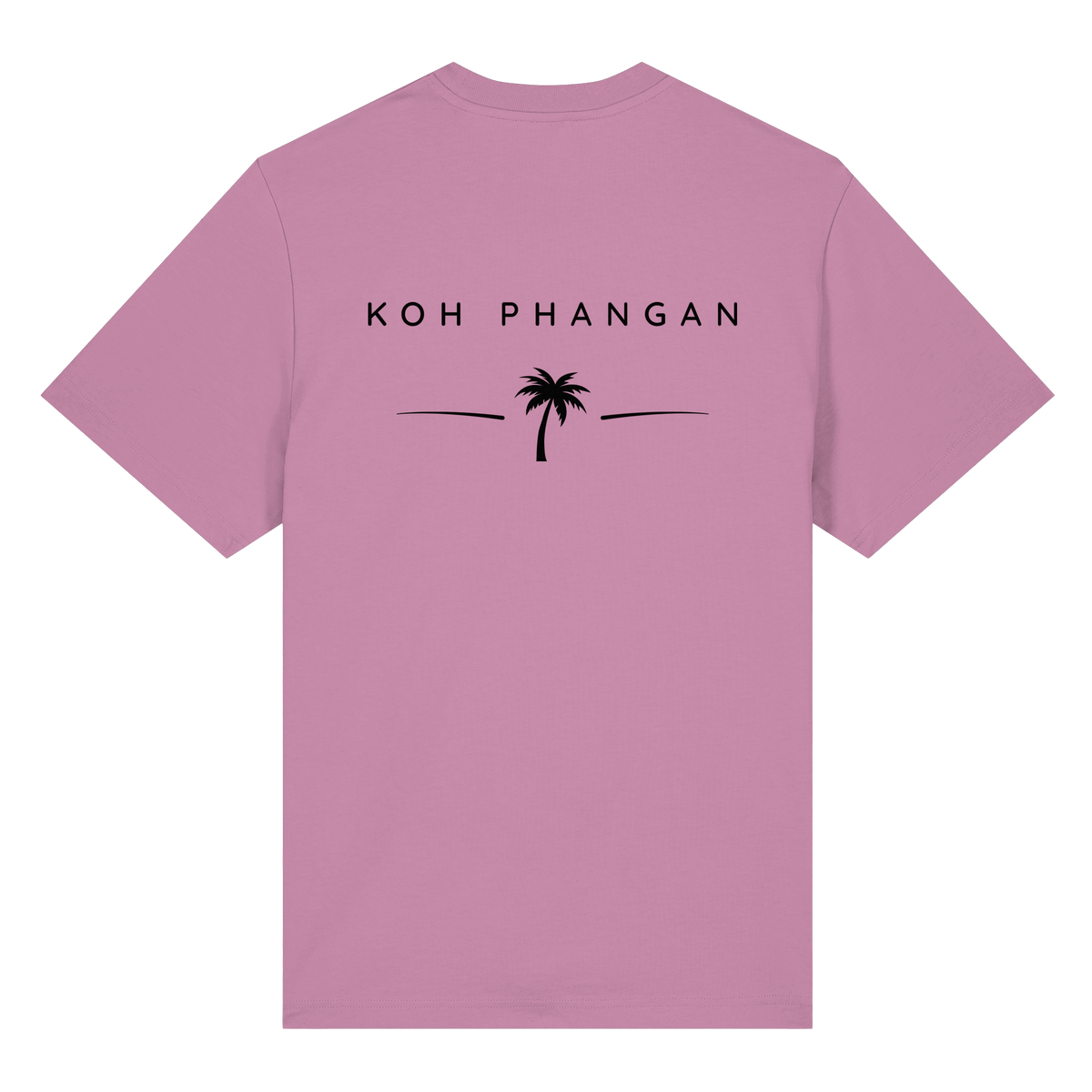 Original-Mockup des Bio Heavy T-Shirt in Bubble Pink mit Koh-Phangan-Minimal-Backprint