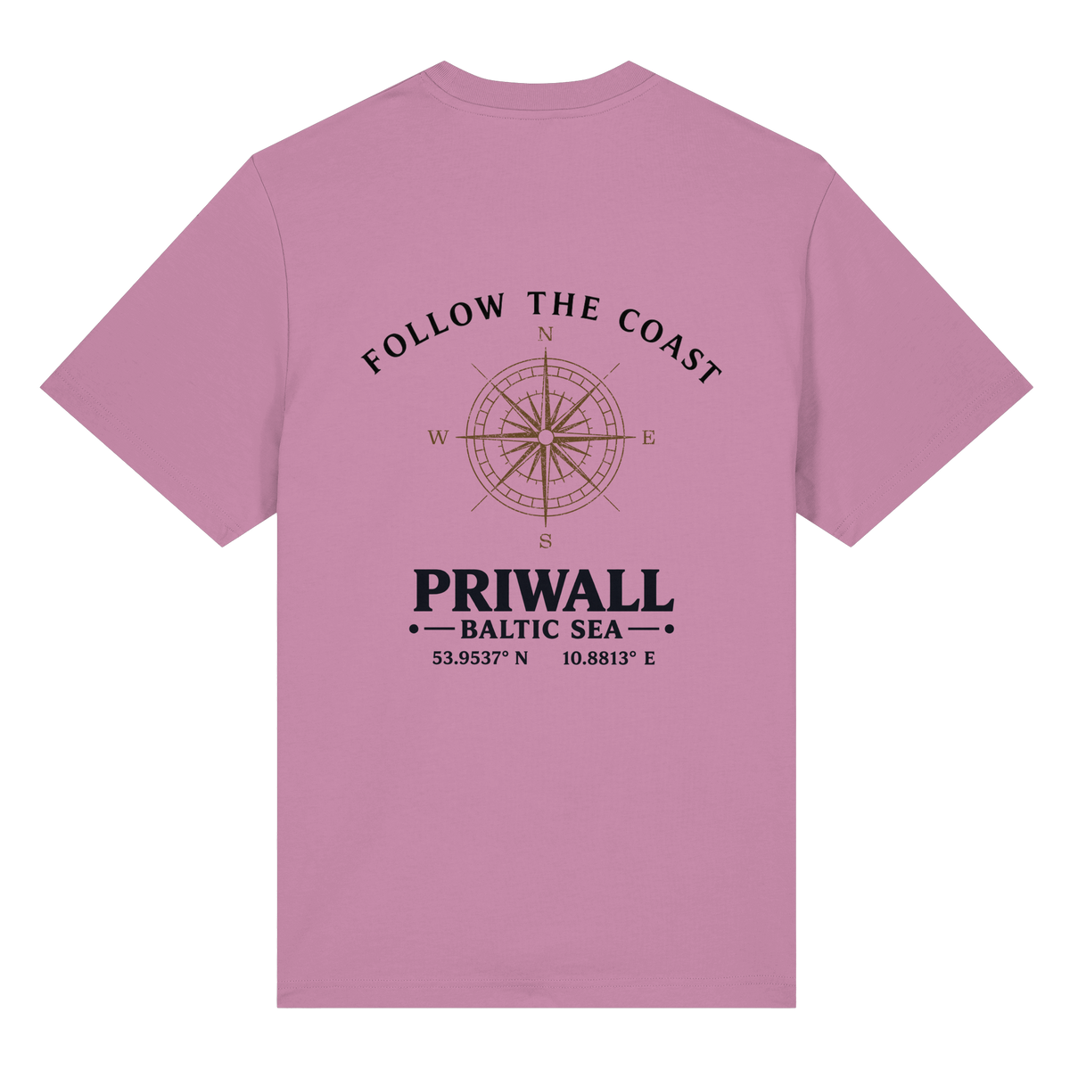 Rückansicht des Bio Heavy T-Shirt in Bubble Pink mit hellem Priwall Follow the Coast Backprint