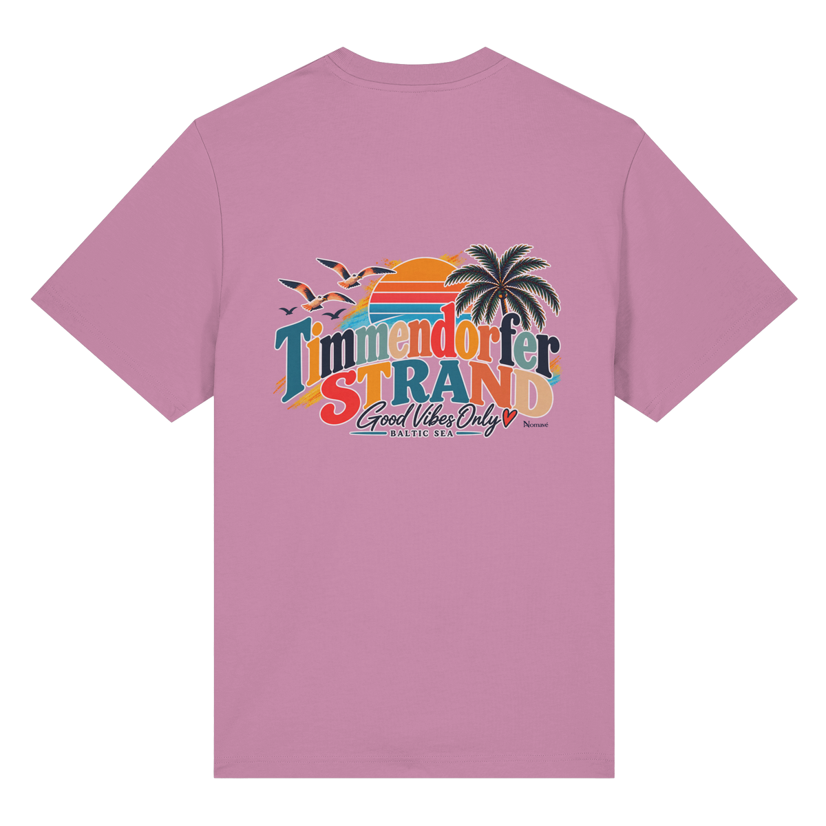 Bio-Heavy-T-Shirt in Bubble Pink, Rückansicht mit Timmendorfer-Strand-Good-Vibes-Only-Rückenprint.