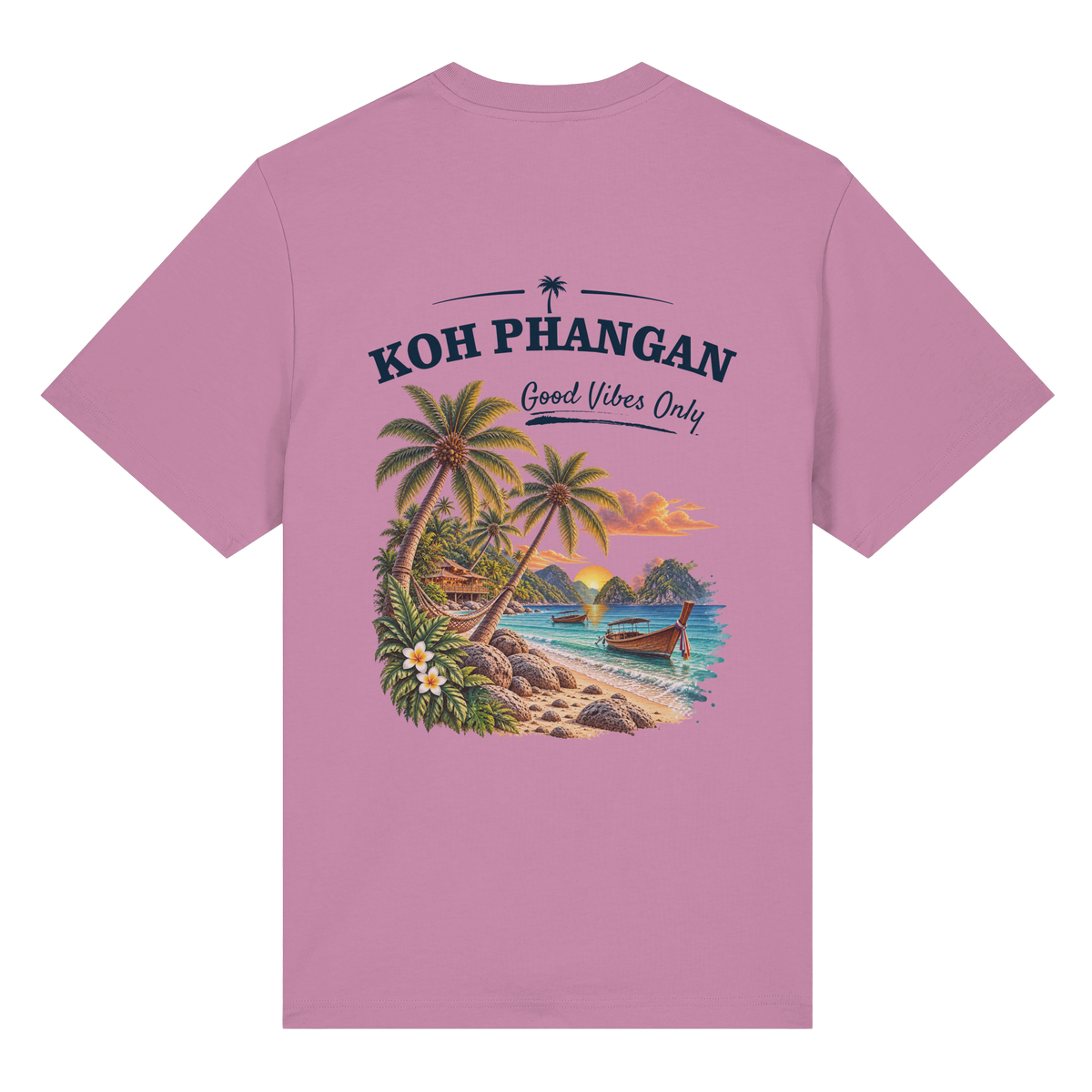 Koh Phangan Good Vibes Only – Bio Heavy T-Shirt – Backprint – Original-Mockup organic heavy shirt bubble pink mit Rückenmotiv
