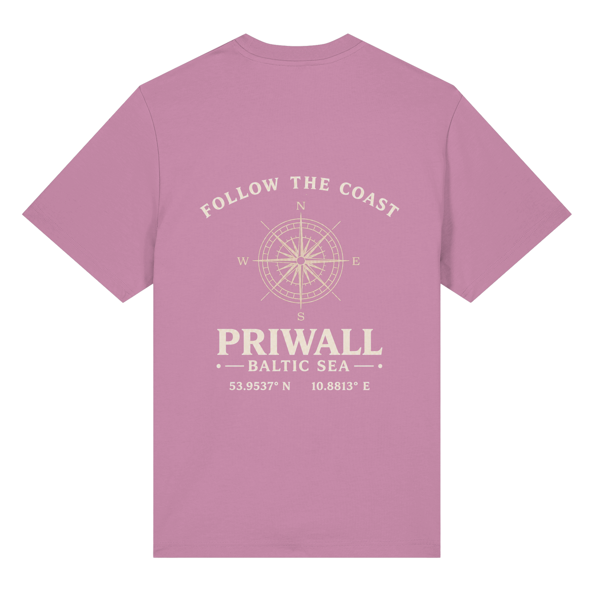 Rückansicht des Bio Heavy T-Shirt in Bubble Pink mit dunklem Priwall Follow the Coast Backprint