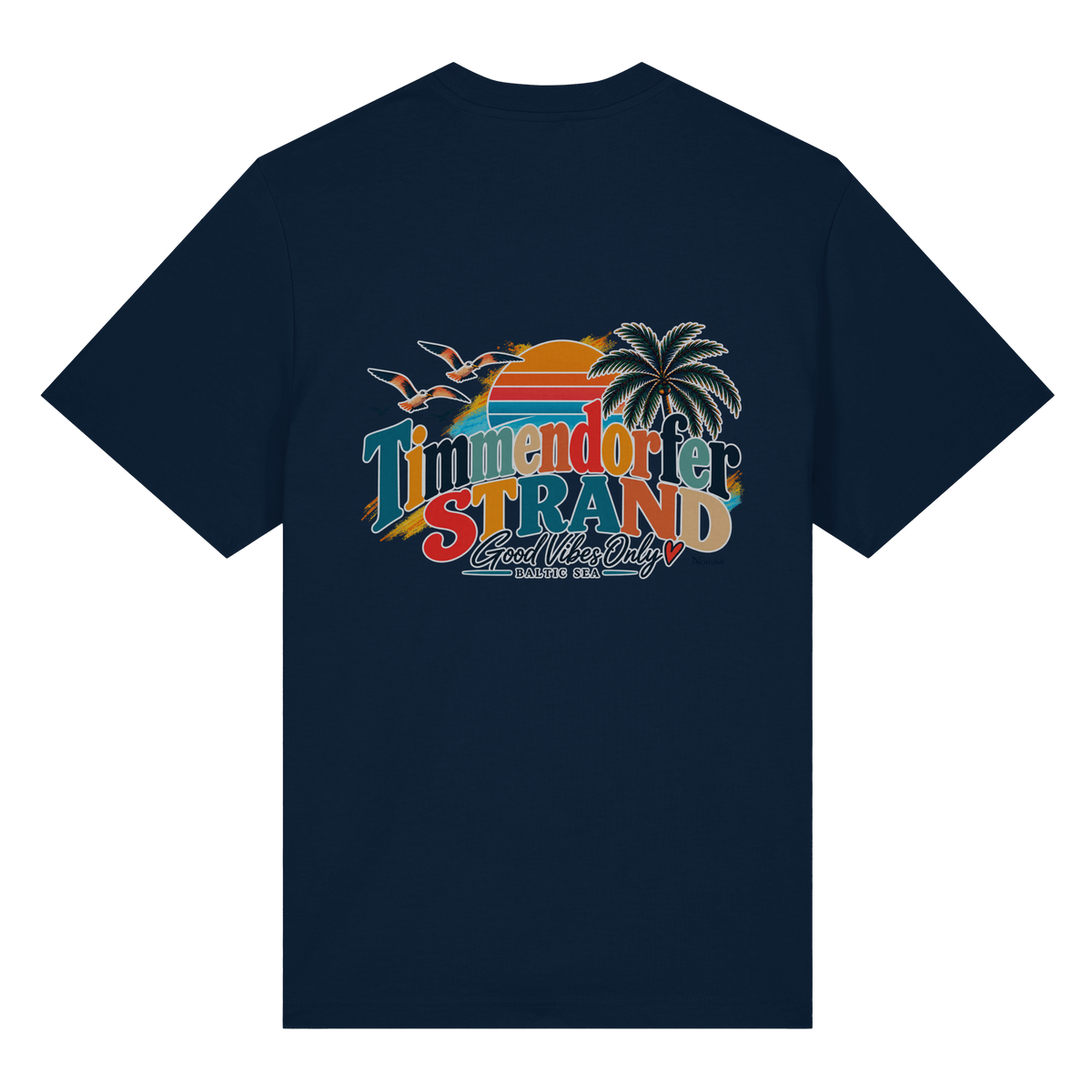 Bio-Heavy-T-Shirt in French Navy, Rückansicht mit Timmendorfer-Strand-Good-Vibes-Only-Rückenprint.