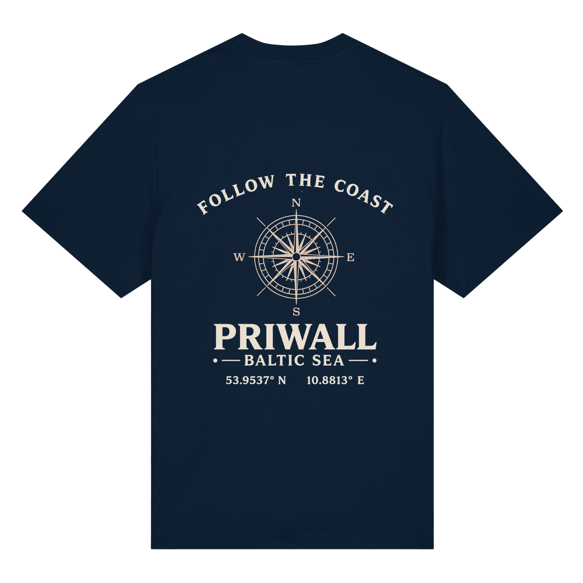 Rückansicht des Bio Heavy T-Shirt in French Navy mit dunklem Priwall Follow the Coast Backprint