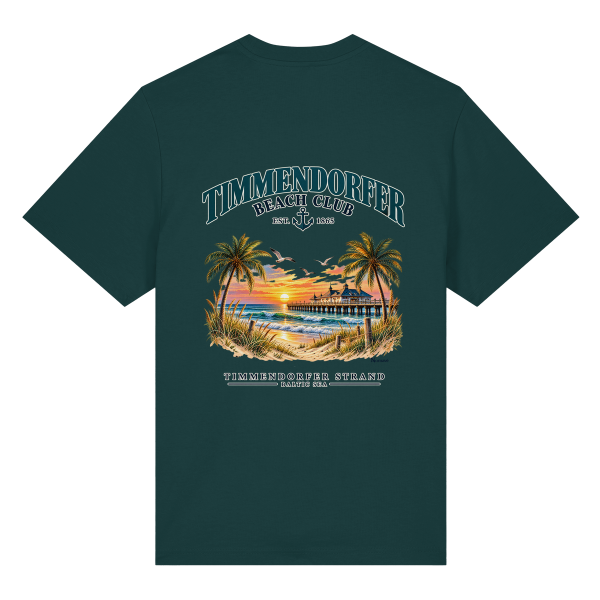Original-/Katalogmockup: Unisex Bio-Heavy-T-Shirt in Glazed Green, Rückansicht mit Timmendorfer-Beach-Club-Rückendruck.
