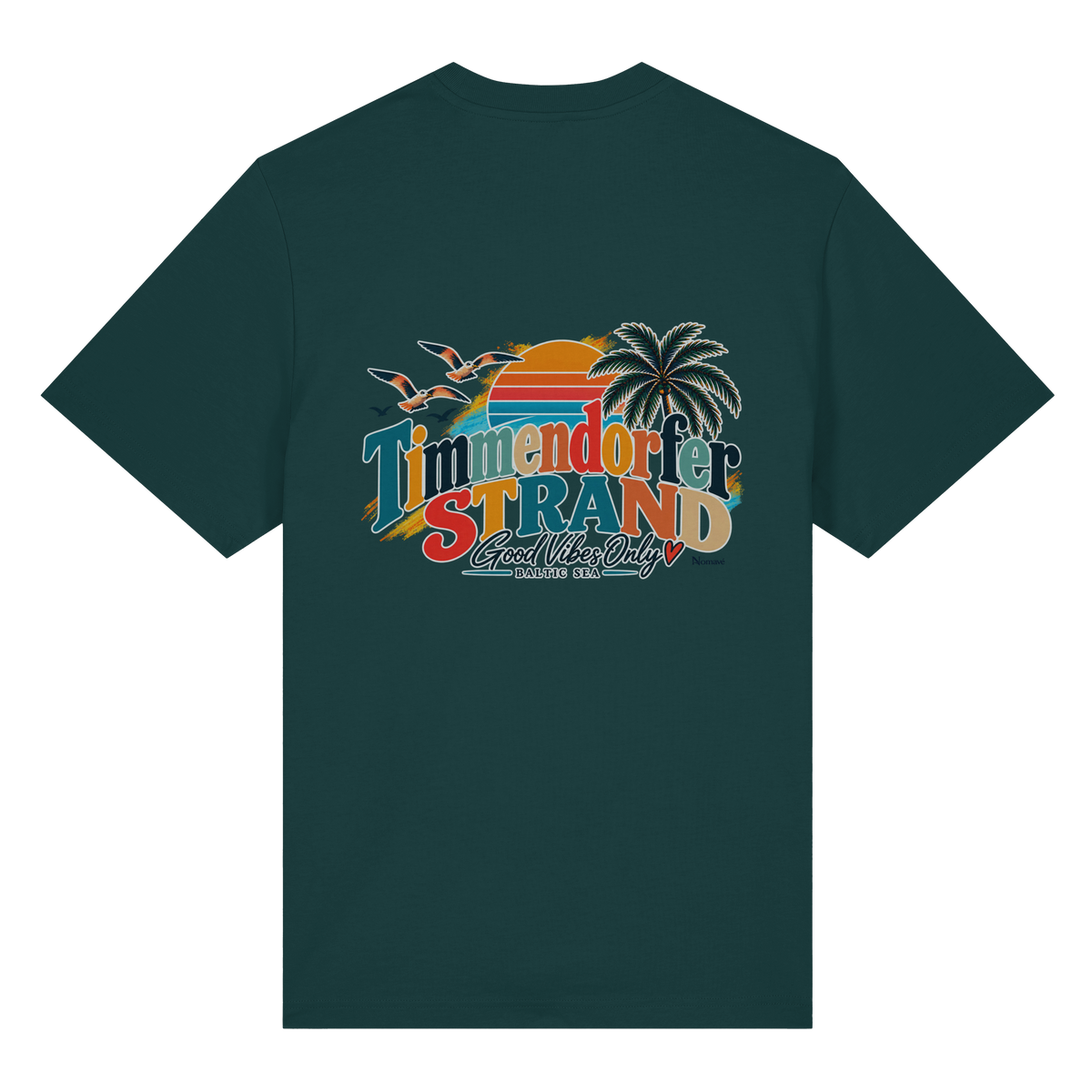 Bio-Heavy-T-Shirt in Glazed Green, Rückansicht mit Timmendorfer-Strand-Good-Vibes-Only-Rückenprint.