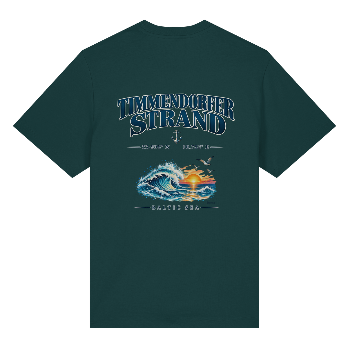 Original-Mockup 8: Unisex Bio-Heavy-T-Shirt in Glazed Green mit Timmendorfer Strand – Baltic Sea Backprint.