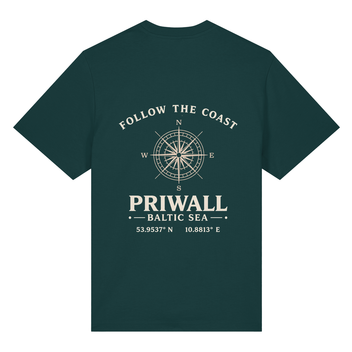 Rückansicht des Bio Heavy T-Shirt in Glazed Green mit dunklem Priwall Follow the Coast Backprint
