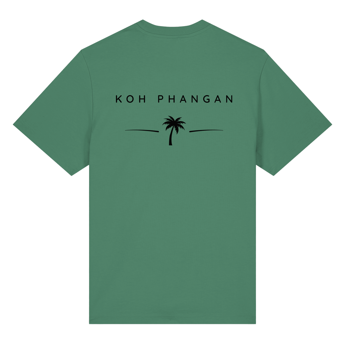 Original-Mockup des Bio Heavy T-Shirt in Green Bay mit Koh-Phangan-Minimal-Backprint