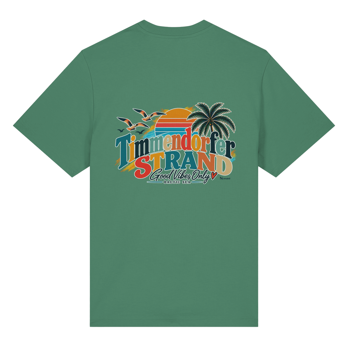 Bio-Heavy-T-Shirt in Green Bay, Rückansicht mit Timmendorfer-Strand-Good-Vibes-Only-Rückenprint.