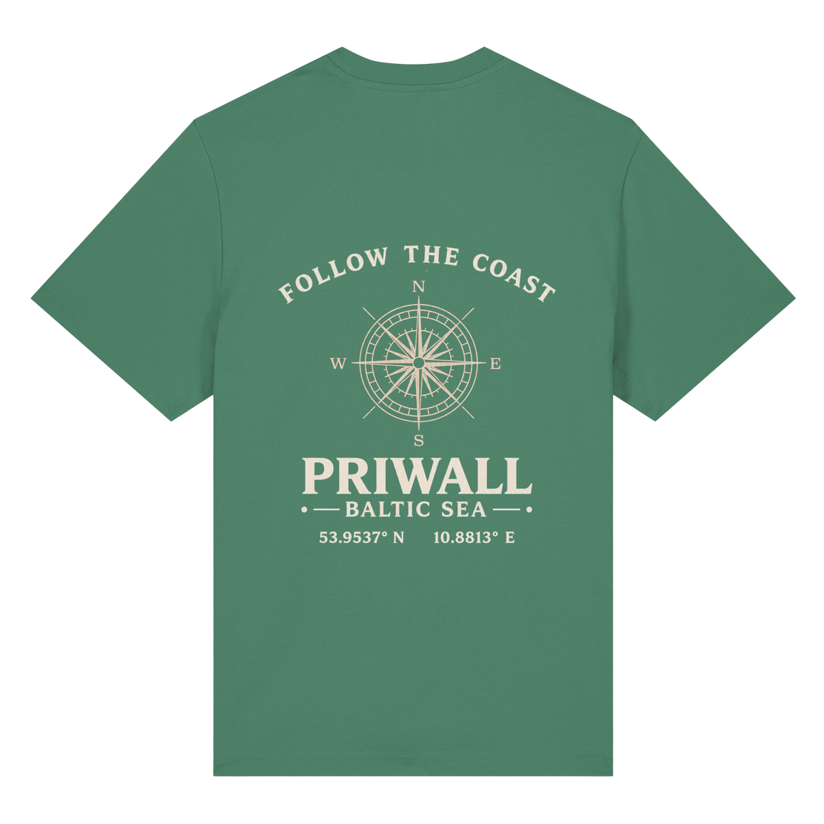 Rückansicht des Bio Heavy T-Shirt in Green Bay mit dunklem Priwall Follow the Coast Backprint