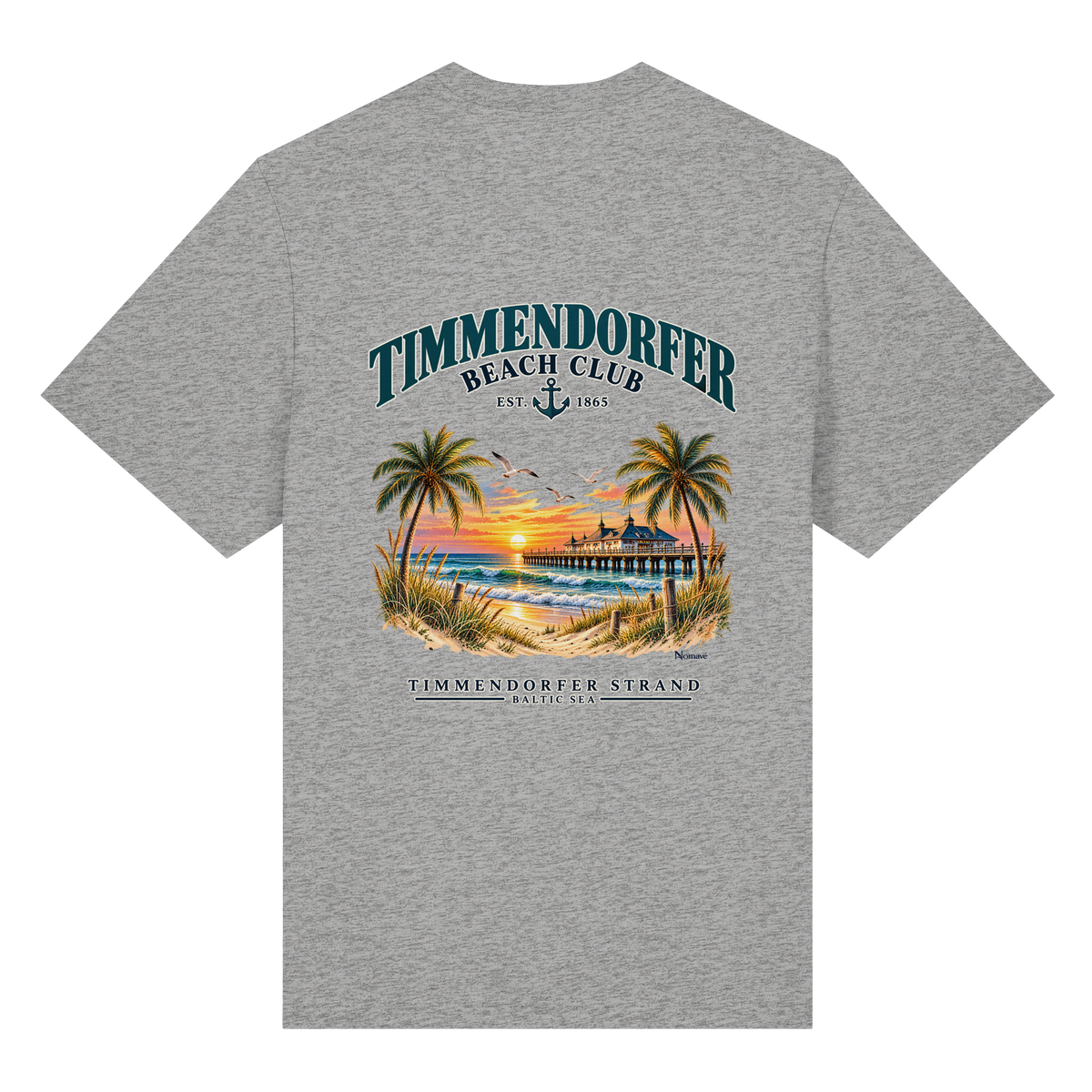 Original-/Katalogmockup: Unisex Bio-Heavy-T-Shirt in Heather Grey, Rückansicht mit Timmendorfer-Beach-Club-Rückendruck.
