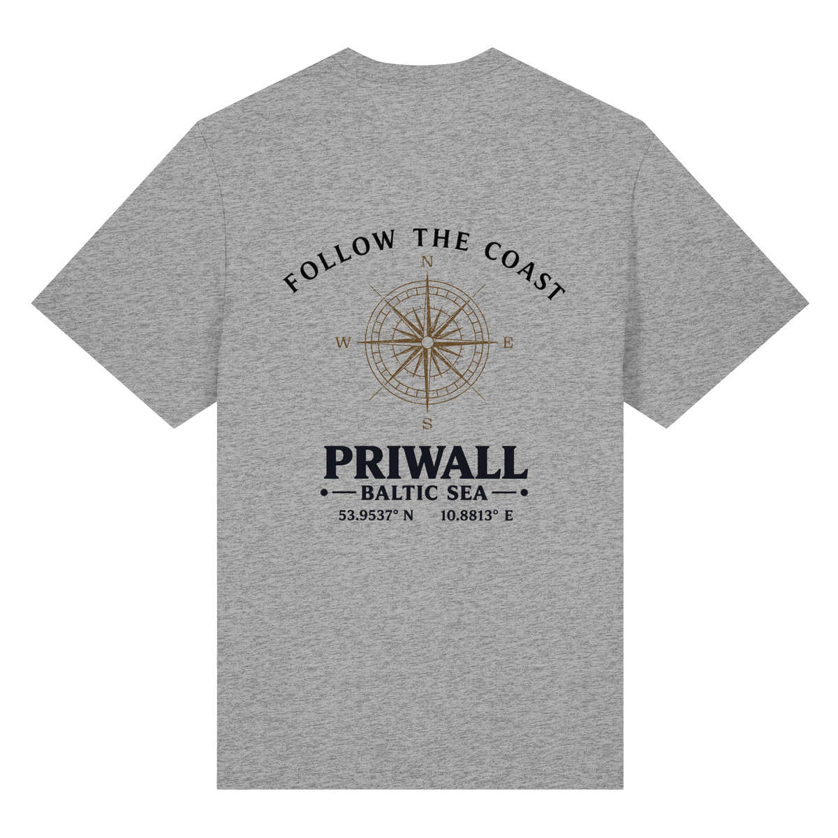 Rückansicht des Bio Heavy T-Shirt in Heather Grey mit hellem Priwall Follow the Coast Backprint