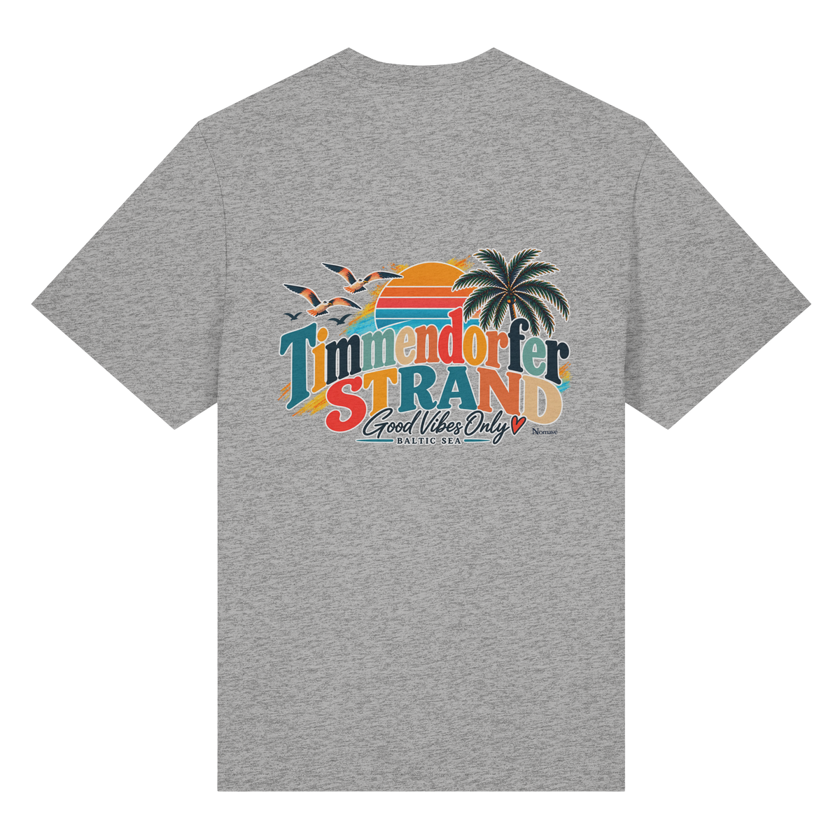 Bio-Heavy-T-Shirt in Heather Grey, Rückansicht mit Timmendorfer-Strand-Good-Vibes-Only-Rückenprint.