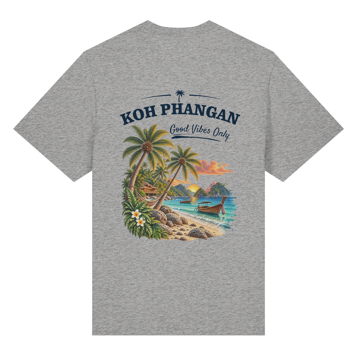 Koh Phangan Good Vibes Only – Bio Heavy T-Shirt – Backprint – Original-Mockup organic heavy shirt heather grey mit Rückenmotiv
