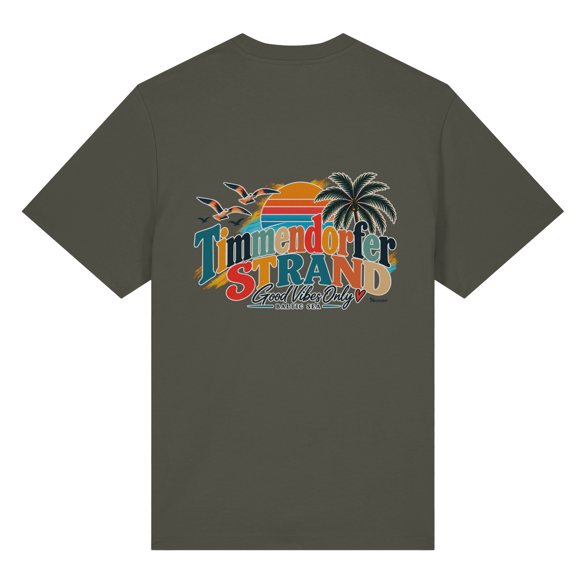 Bio-Heavy-T-Shirt in Khaki, Rückansicht mit Timmendorfer-Strand-Good-Vibes-Only-Rückenprint.