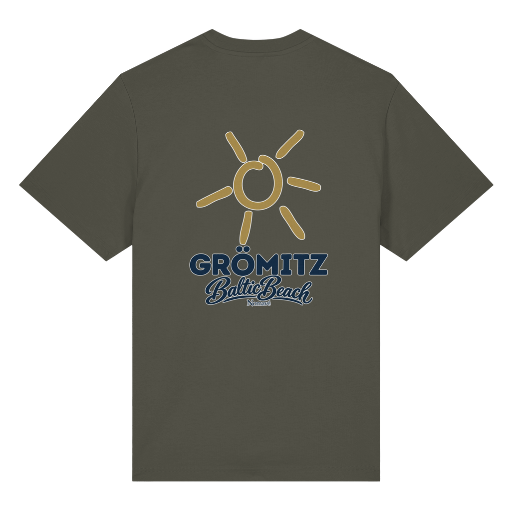Grömitz Sonne Bio-Heavy T-Shirt Baltic Beach mit Rückendruck in Khaki – Shirtigo-Originalmockup 5