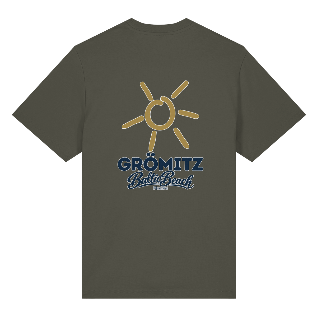 Grömitz Sonne Bio-Heavy T-Shirt Baltic Beach mit Rückendruck in Khaki – Shirtigo-Originalmockup 5