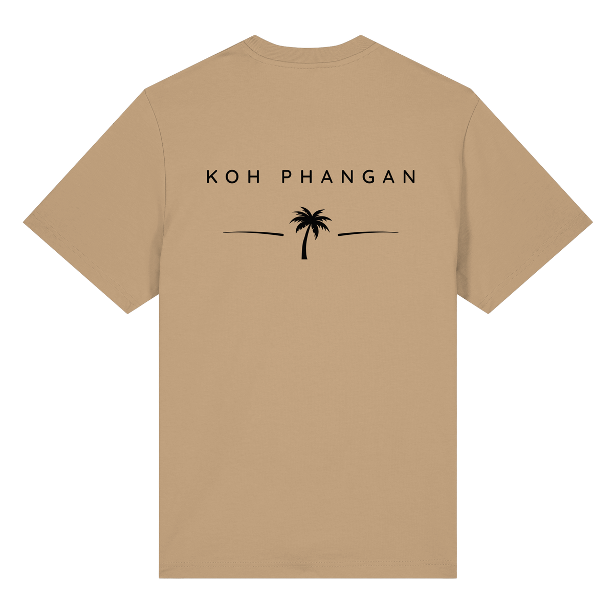 Original-Mockup des Bio Heavy T-Shirt in Latte mit Koh-Phangan-Minimal-Backprint