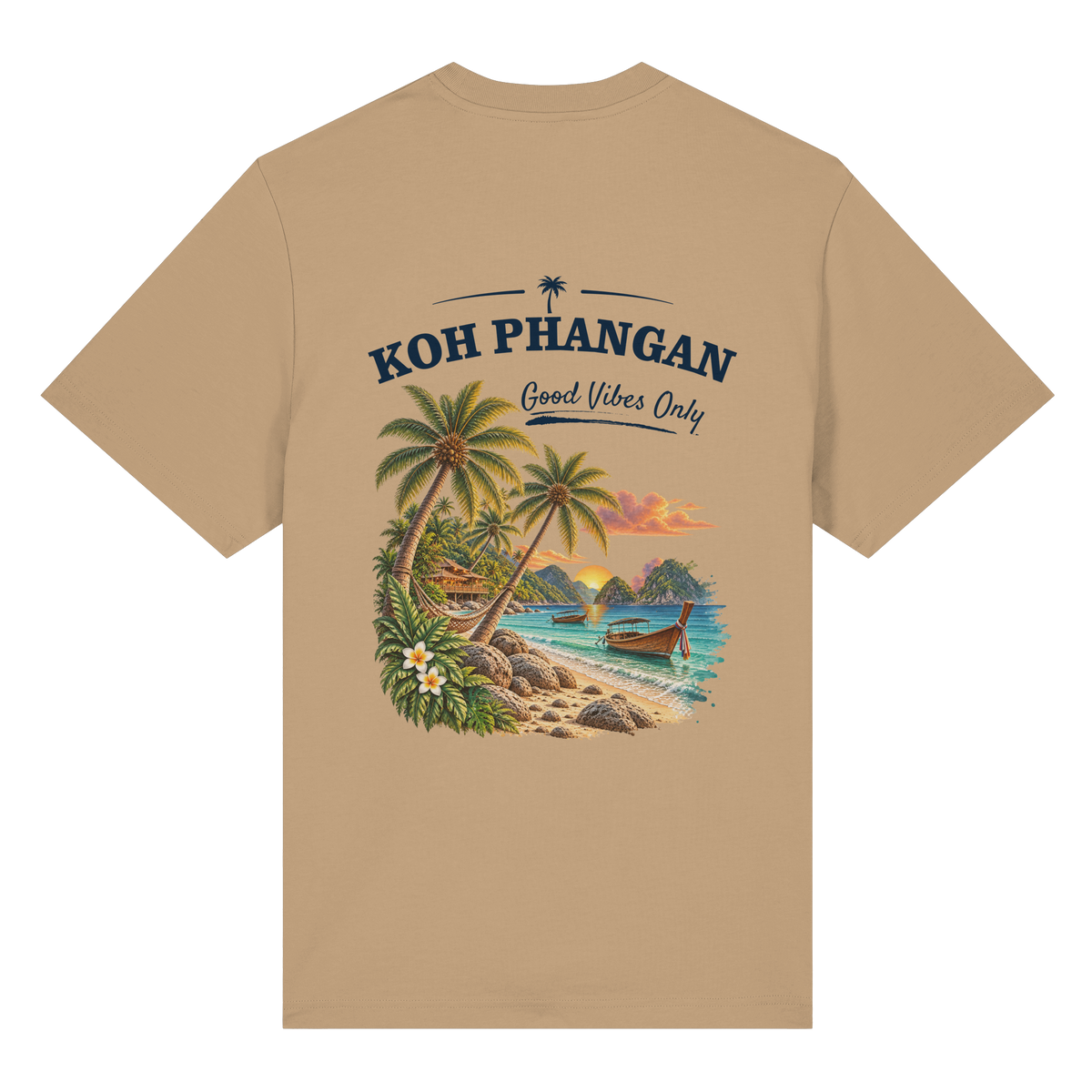 Koh Phangan Good Vibes Only – Bio Heavy T-Shirt – Backprint – Original-Mockup organic heavy shirt latte mit Rückenmotiv
