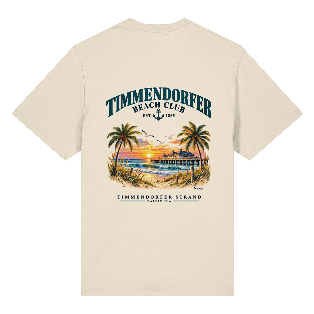 Original-/Katalogmockup: Unisex Bio-Heavy-T-Shirt in Natural Raw, Rückansicht mit Timmendorfer-Beach-Club-Rückendruck.