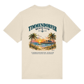 Original-/Katalogmockup: Unisex Bio-Heavy-T-Shirt in Natural Raw, Rückansicht mit Timmendorfer-Beach-Club-Rückendruck.