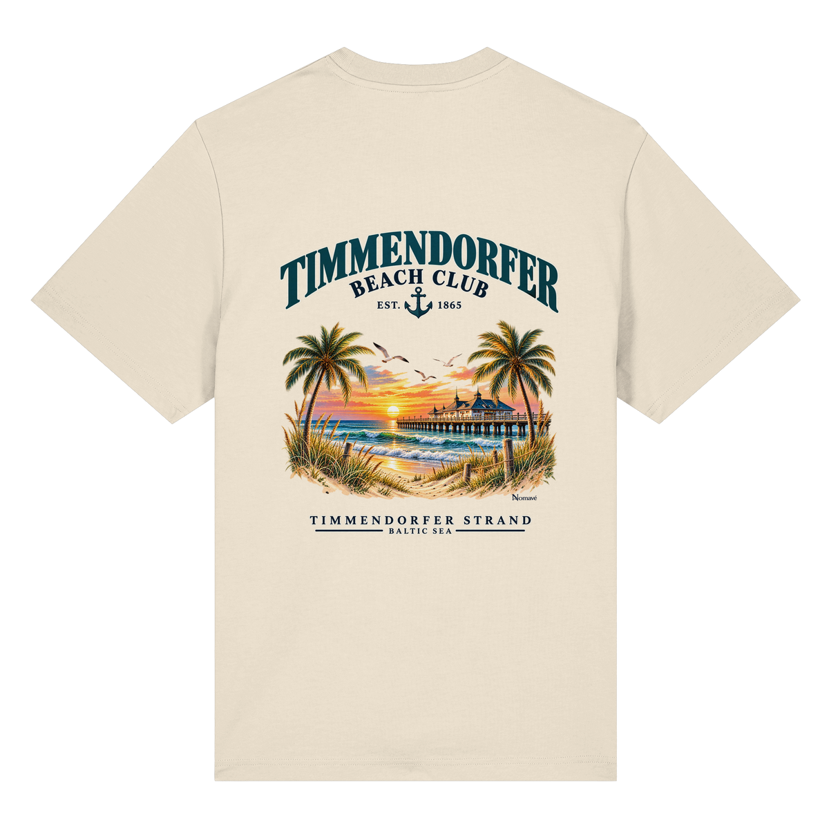 Original-/Katalogmockup: Unisex Bio-Heavy-T-Shirt in Natural Raw, Rückansicht mit Timmendorfer-Beach-Club-Rückendruck.