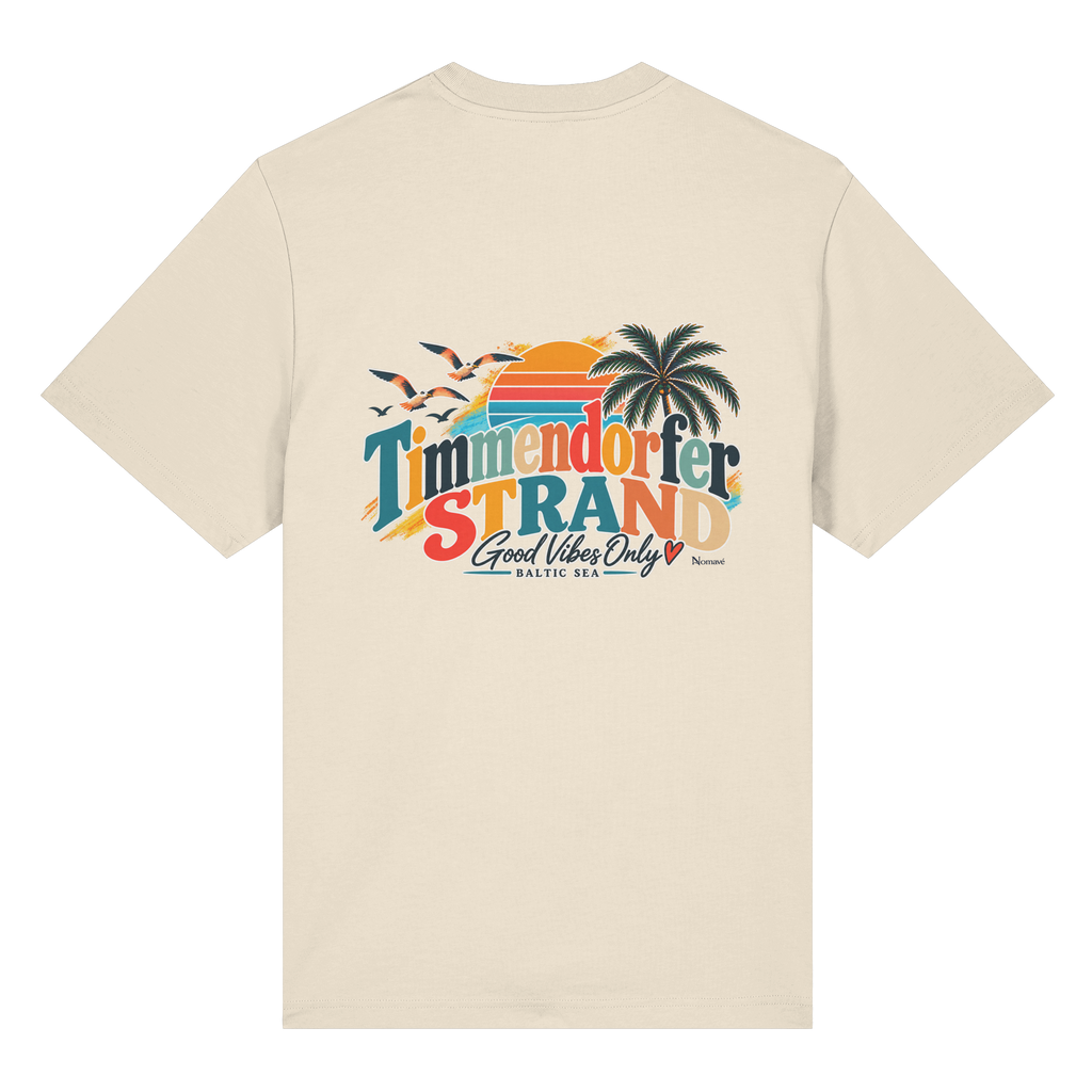 Bio-Heavy-T-Shirt in Natural Raw, Rückansicht mit Timmendorfer-Strand-Good-Vibes-Only-Rückenprint.